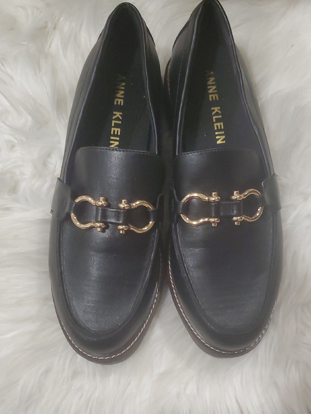 Anne Klein Black Vegan Leather  Loafers with Gold Horsebit Accent